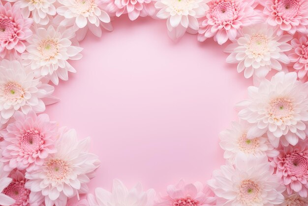 Beautiful floral frame of pink and white chrysanthemums with copy space on a pink background