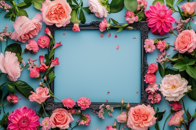 Beautiful floral frame with colorful blossoms and green leaves for background