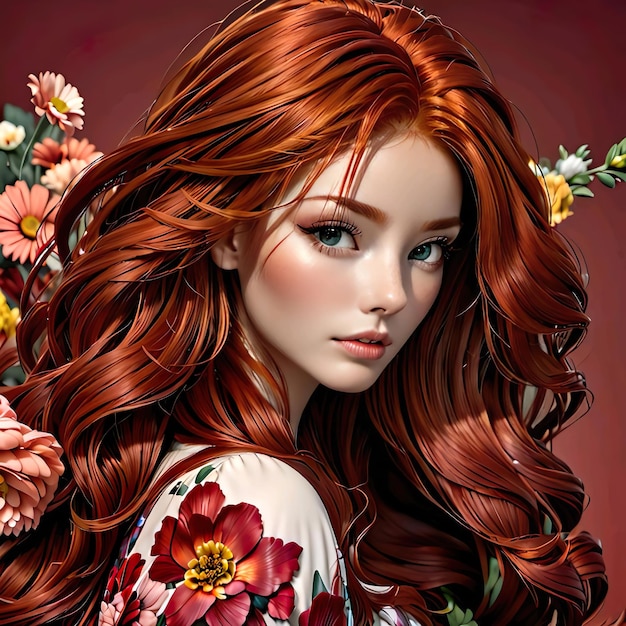 Фото Красивая цветочная девушка с красными волосами, похожими на цветы.