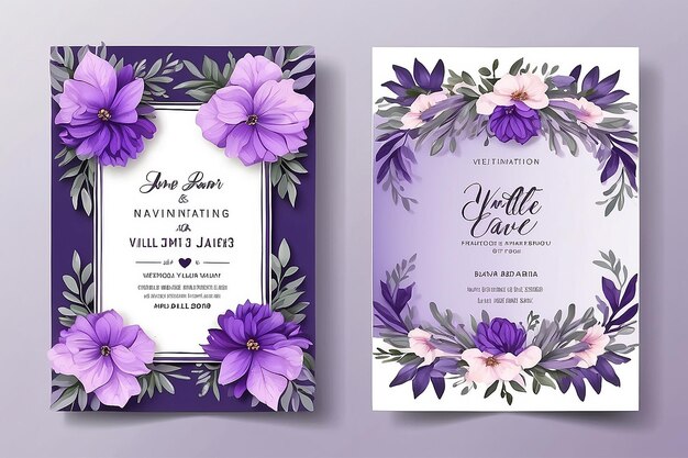 Photo beautiful floral and leaves violet wedding invitation card