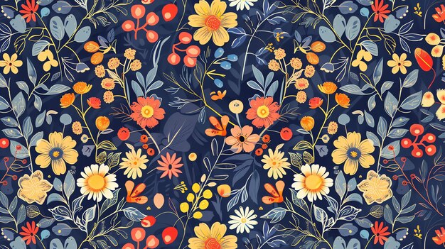 A beautiful floral pattern with a variety of flowers and leaves in a blue background