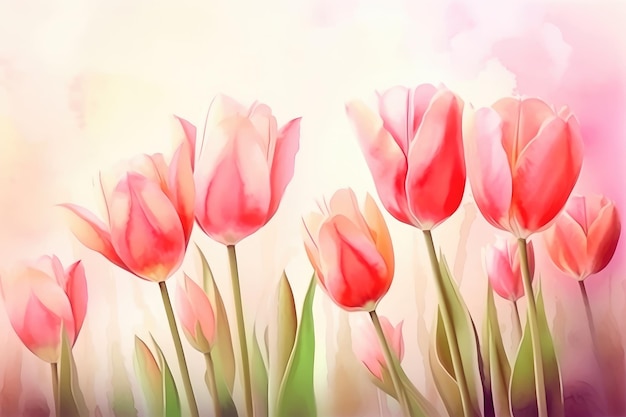 Beautiful floral set with watercolor spring tulip flowers Spring concept Generative AI