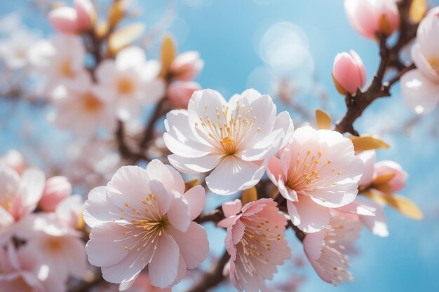 Beautiful floral spring abstract background of nature branches of blossoming apricot macro with soft