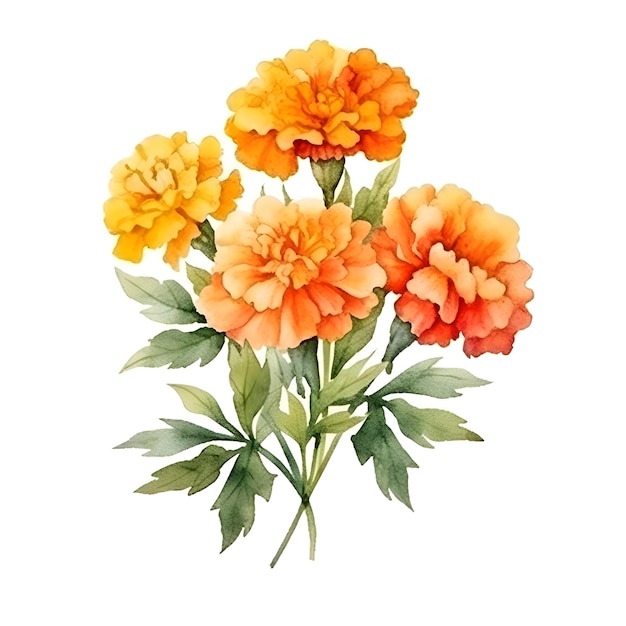 Beautiful floral watercolor bouquet illustration of marigold flowers