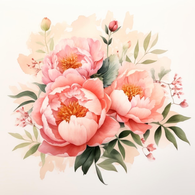 Beautiful floral watercolor bouquet of pink peonies of the coral charm variety