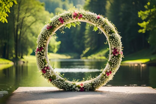 A beautiful floral wreath is placed on a wall by a lake