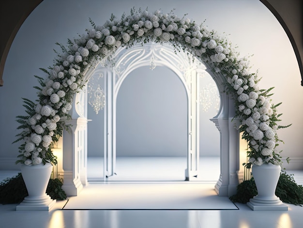 Beautiful flower arch for marriage registration on pastel background ai generative