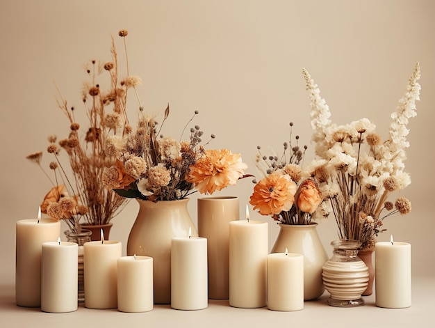 Beautiful flower composition Bouquet in vintage vase on table with candles