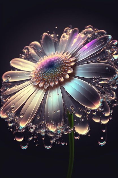 Beautiful flower daisy and water drop on black background Created with Generative AI technology