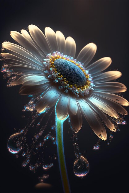 제너레이티브 AI 기술로 만든 검은 배경의 아름다운 꽃 데이지와 물방울