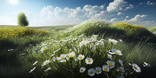 Beautiful flower field meadow in spring and blue sky on a sunny day generative AI