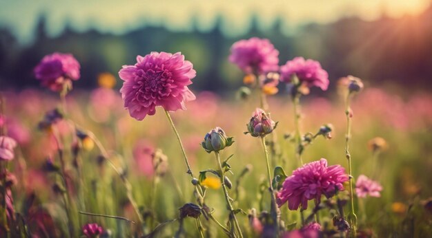 美しい花の畑 夏の景色 畑の美しい花 緑の自然 パノラマ景色