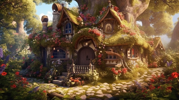 Beautiful flower garden hidden fairy house fantasy wallpaper image AI generated art