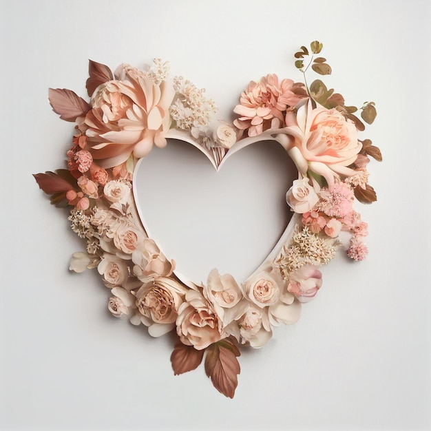 Beautiful flower Garland in heart shape on pastel backgroundCreated with Generative AI technology