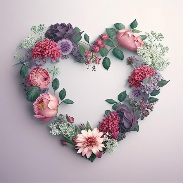 Beautiful flower Garland in heart shape on pastel backgroundCreated with Generative AI technology