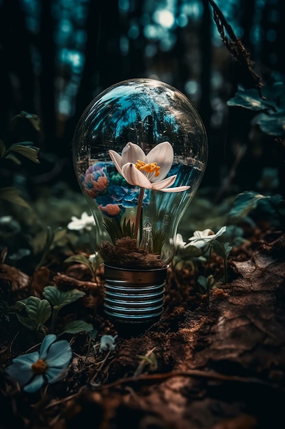 A beautiful flower growing inside a broken light bulb on the forest ground Generative AI