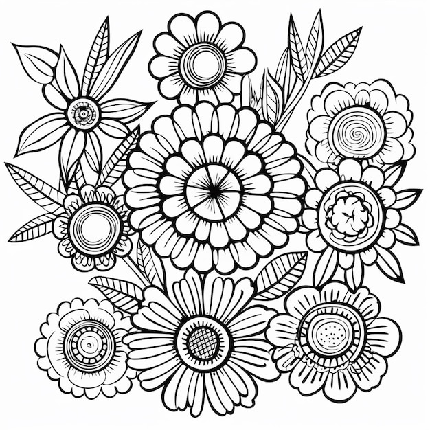 Photo beautiful flower hand drawn kawaii coloring book