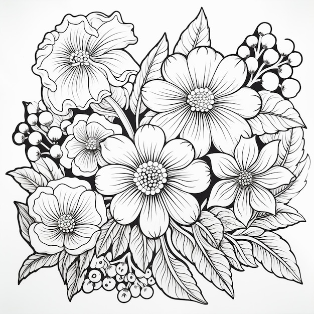 Photo beautiful flower hand drawn kawaii coloring book