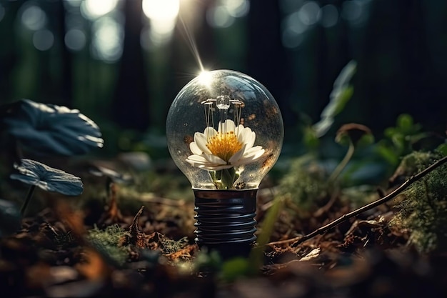 Beautiful flower inside a light bulb in forest Generative AI