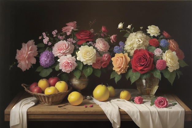 Beautiful flower of many colors on table in transparent glass pot