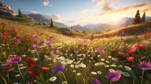 Beautiful flower meadow at sunset Generative AI