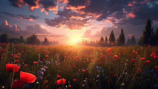 Beautiful flower meadow at sunset Generative AI
