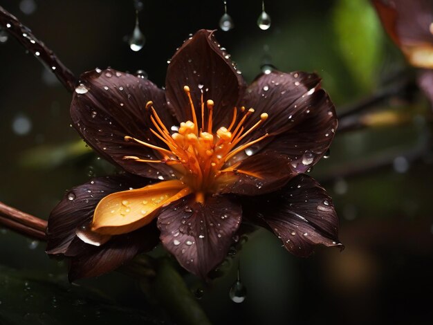 写真 濃い茶色の枝に麗な花が水滴で