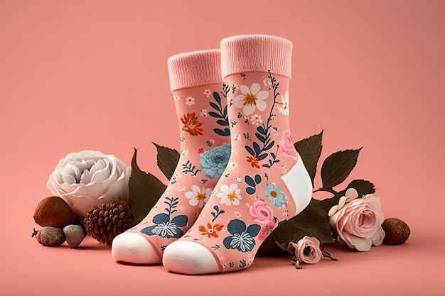 Beautiful flower patterned socks for girls with ears on soft pink background created with generative