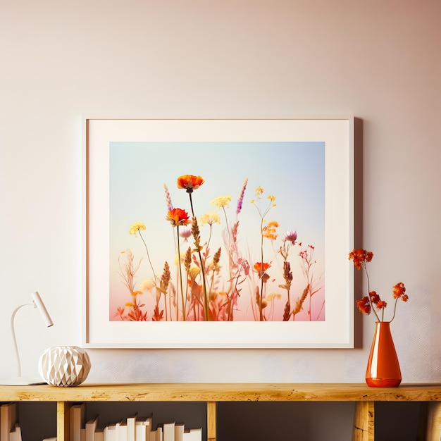 A beautiful flower photograph framed on the wall with warm shades