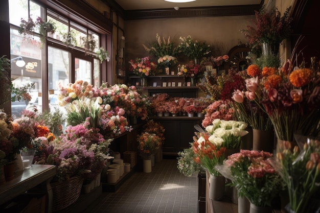 Beautiful flower shop with blooms in every color and variety