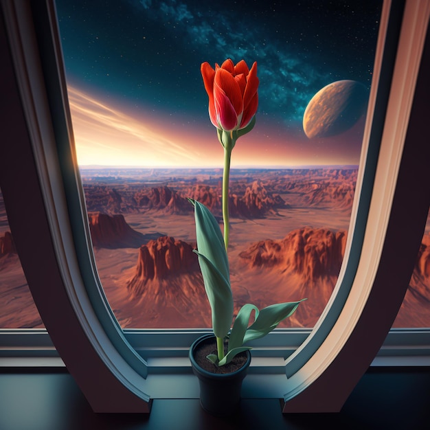 A beautiful flower a tulip in a pot in front of a window View of the planet Mars Concept of colonization alien life Generative AI