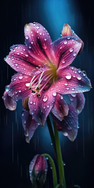 Beautiful flower with raindrops on dark background Photo for poster or wallpaper Generative AI