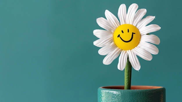 A beautiful flower with a smiley face in the middle The flower is sitting in a green pot The background is a light blue color