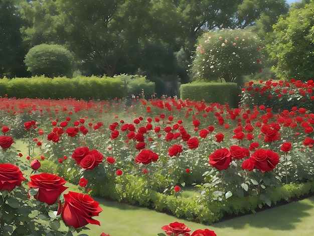 Красивая клумба в традиционном дачном саду с розами и другими красивыми растениями AI Generation