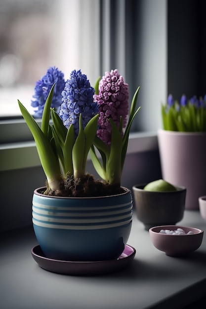 Foto bellissimi giacinti in fiore si trovano in un vaso di ceramica blu vicino alla finestra verticale ai generativo primo piano