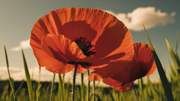 Beautiful flowering poppy in green grass in field papaveraceae