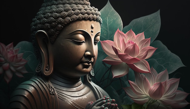 Красивые цветы вокруг статуй Будды, сидящего в храме, изображение, созданное искусственным интеллектом