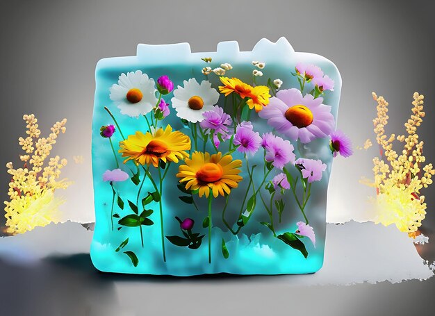 Beautiful flowers and a blob object is frozen in a block of ice isolated on warmgrey background