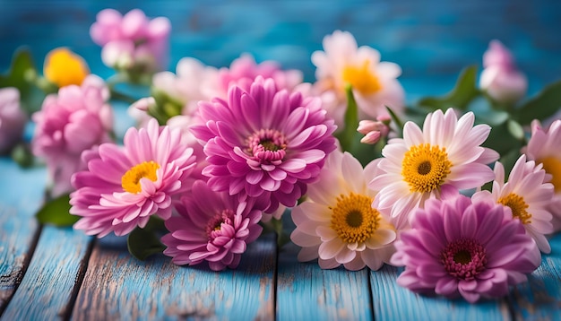 Beautiful flowers on blue wooden background