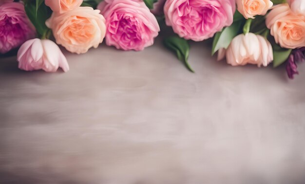 Beautiful flowers bouquet and bokeh background Valentine's day or Mother's day greeting card with space