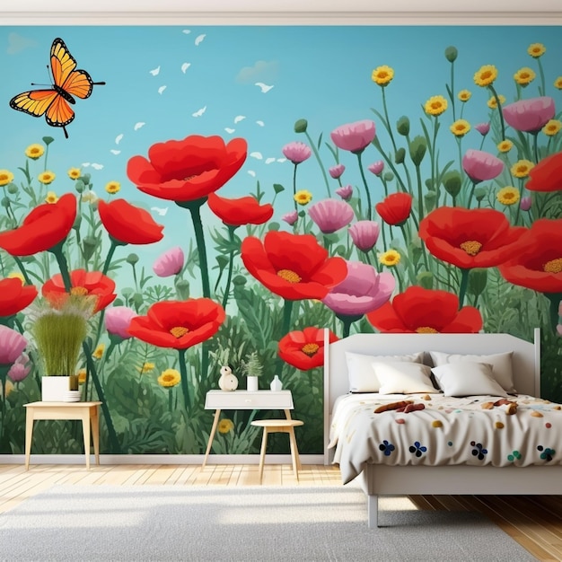 Beautiful flowers butterflies wall decor living room picture AI Generated art