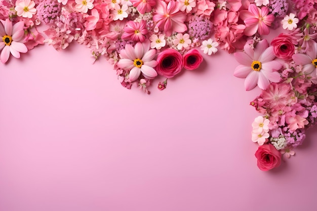 Beautiful flowers on color background top view Space for text