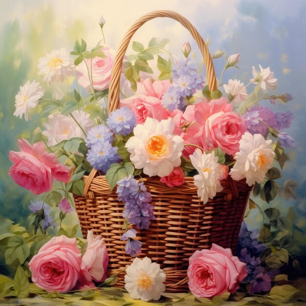 Beautiful flowers of different varieties in a basket