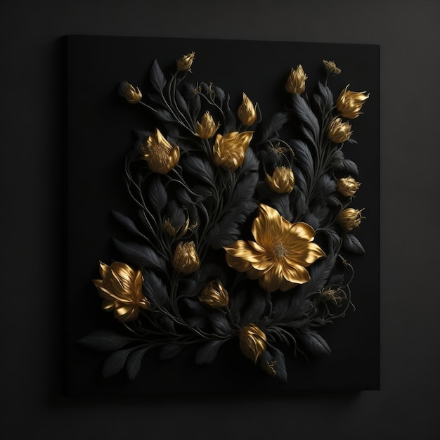 Beautiful Flowers floral luxury metallic golden lightening design on a black wall background