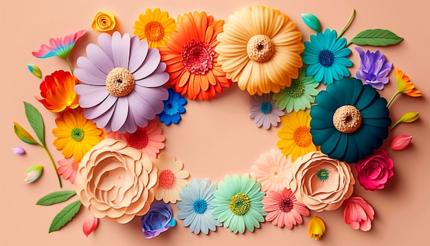 Beautiful flowers flower frame flat lay top view free space Generative AI