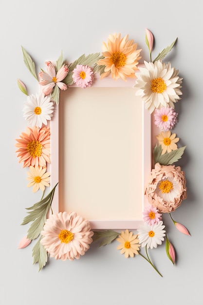 Beautiful flowers flower frame flat lay top view free space Generative AI