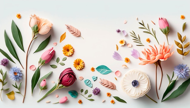 Beautiful flowers flower frame flat lay top view free space Generative AI