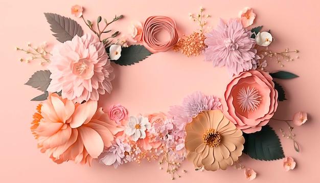 Beautiful flowers flower frame flat lay top view free space Generative AI