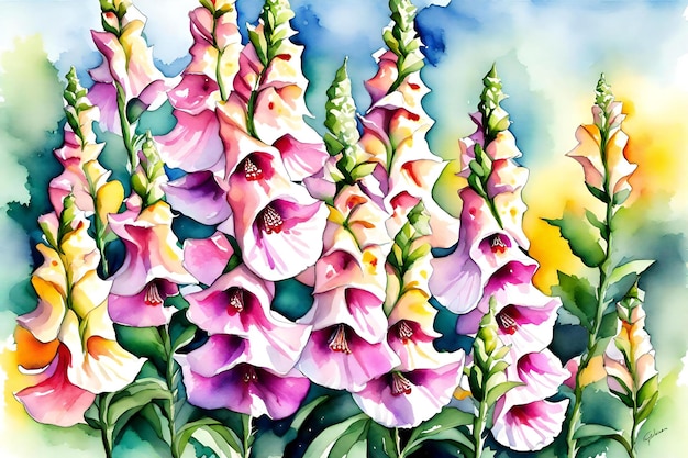 Beautiful flowers of foxglove digital watercolor painting