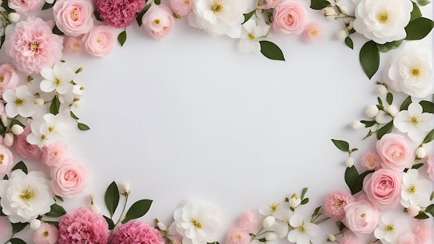 Beautiful flowers frame on white background flat lay Space for text